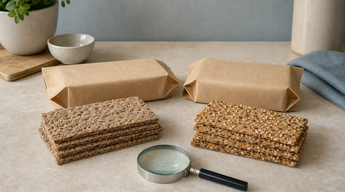 Zwei unterschiedliche Stapel Knäckebrot mit unbeschrifteten Hüllen und einer Lupe auf einer Küchenfläche.