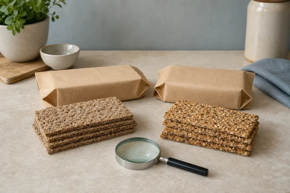 Zwei unterschiedliche Stapel Knäckebrot mit unbeschrifteten Hüllen und einer Lupe auf einer Küchenfläche.