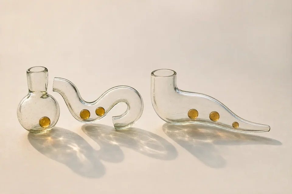 Zwei unterschiedlich geformte Glasskulpturen mit bernsteinfarbenen Kugeln.