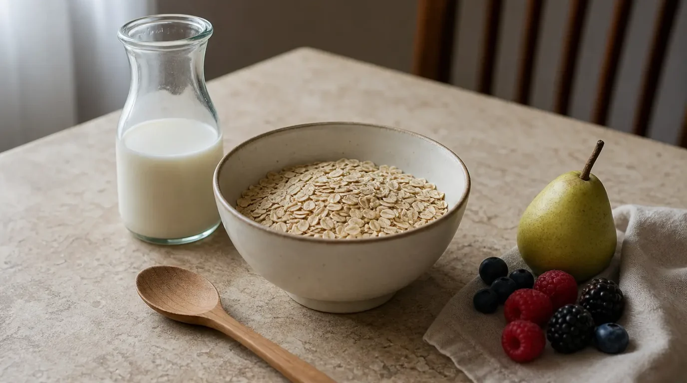 Schale mit Haferflocken, kleine Glaskanne mit heller Flüssigkeit, Holzlöffel, Birne und Beeren auf einem Küchentisch.