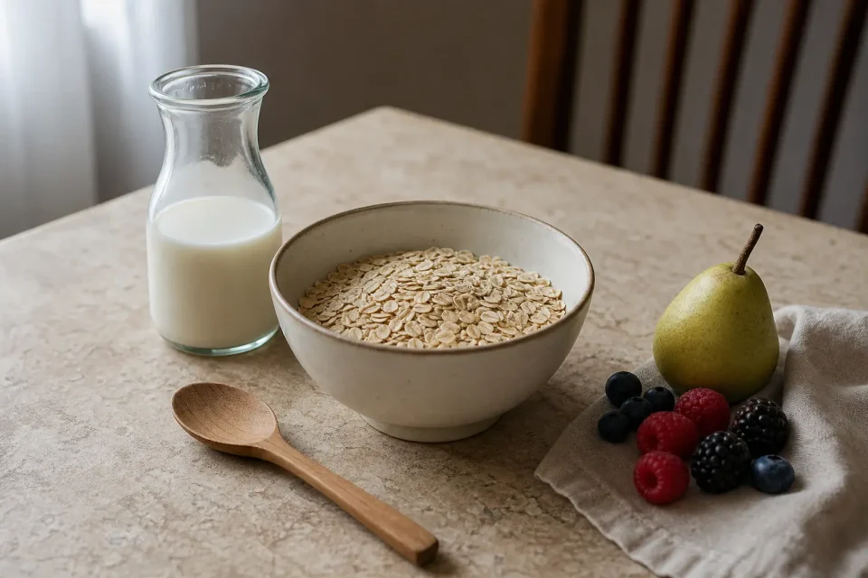 Schale mit Haferflocken, kleine Glaskanne mit heller Flüssigkeit, Holzlöffel, Birne und Beeren auf einem Küchentisch.