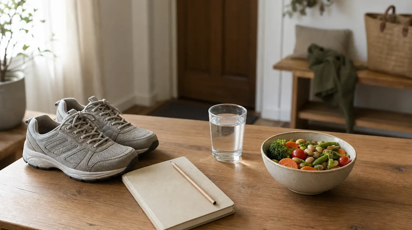 Bequeme Schuhe, leeres Notizbuch, Wasserglas und Schale mit Gemüse und Bohnen auf einem Tisch.