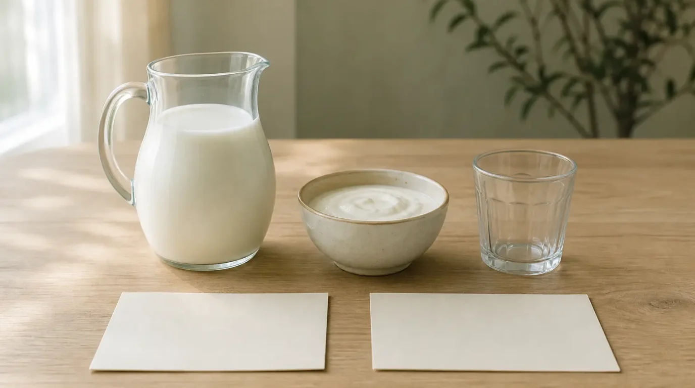 Milchkrug, Schale mit Naturjoghurt, leeres Glas und zwei unbeschriftete Karten auf einem Tisch.