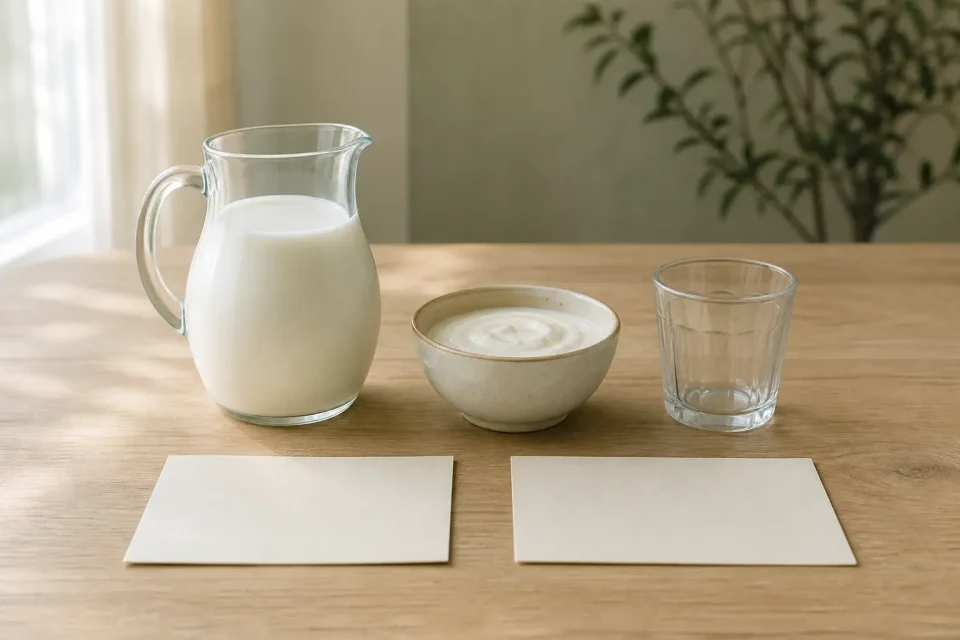 Milchkrug, Schale mit Naturjoghurt, leeres Glas und zwei unbeschriftete Karten auf einem Tisch.