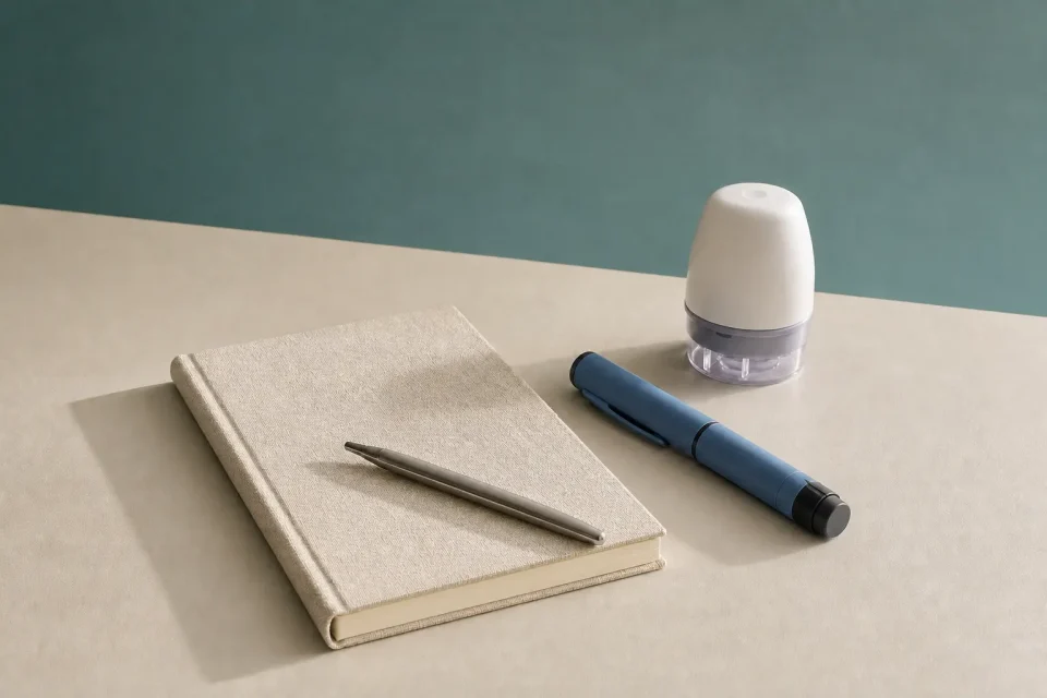 Geschlossener Insulinpen, unbeschrifteter Sensorapplikator und Notizbuch mit Schreibstift auf einem hellen Tisch.