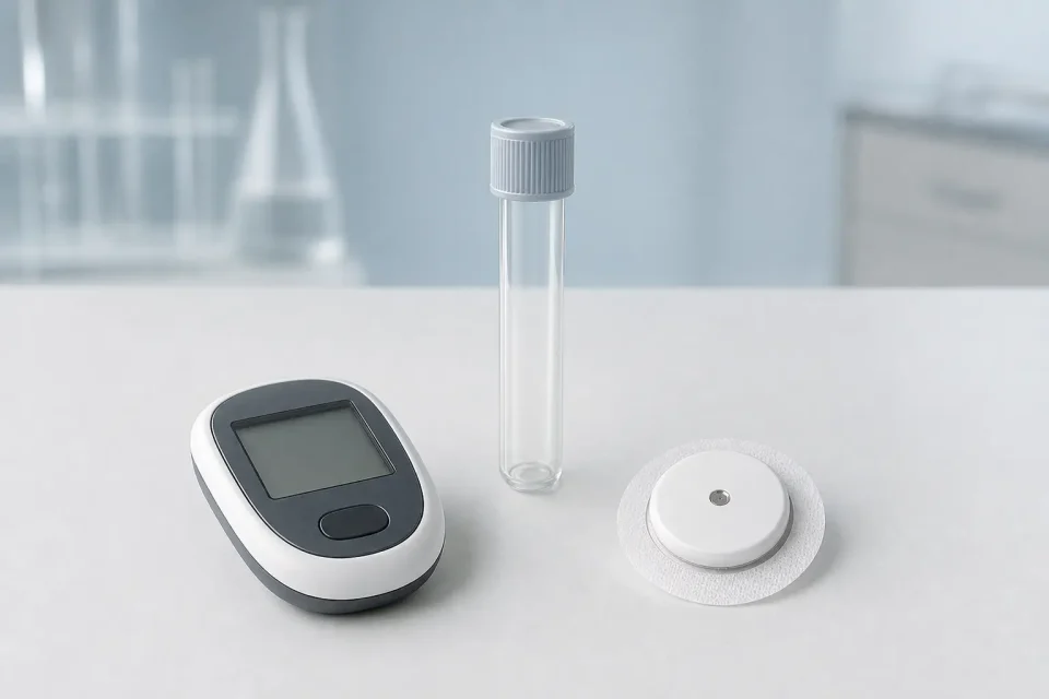 Blutzuckermessgerät mit ausgeschaltetem Display, leeres Probenröhrchen und unbeschriftetes Sensorpflaster.