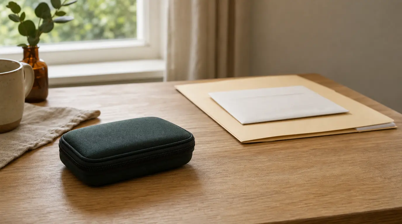 Geschlossenes Messgeräte-Etui neben einer unbeschrifteten Terminmappe