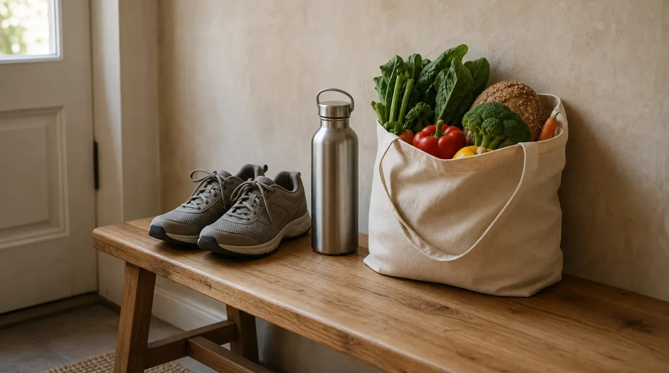 Walking-Schuhe, Trinkflasche und Stofftasche mit Gemüse und Vollkornbrot auf einer Holzbank.