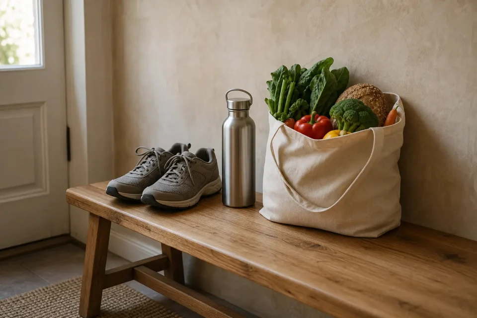 Walking-Schuhe, Trinkflasche und Stofftasche mit Gemüse und Vollkornbrot auf einer Holzbank.