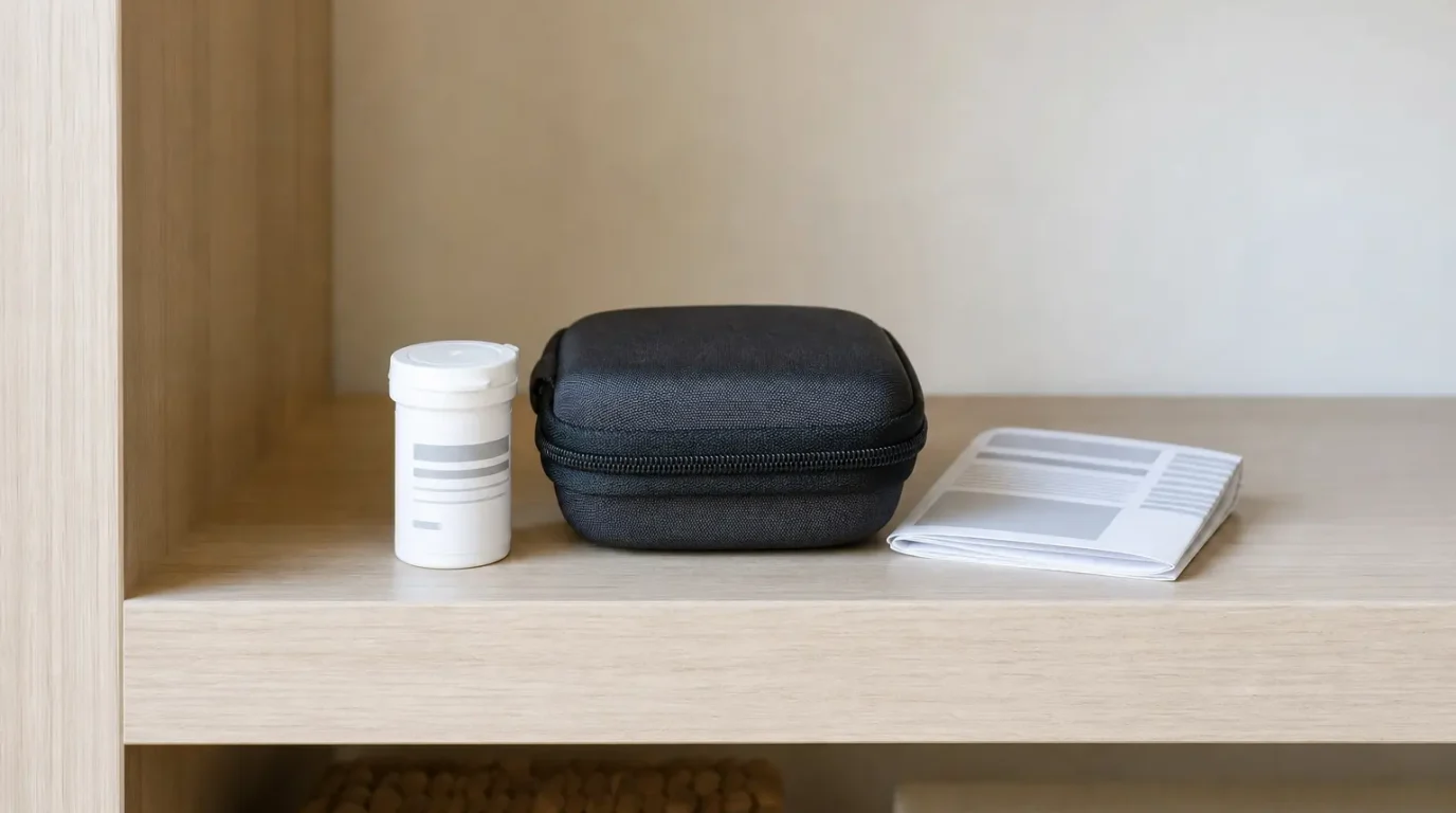 Geschlossene Teststreifendose, schwarzes Etui und unlesbare Anleitung in einem trockenen Holzregal.