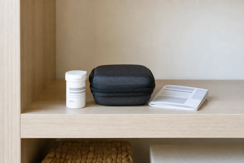 Geschlossene Teststreifendose, schwarzes Etui und unlesbare Anleitung in einem trockenen Holzregal.