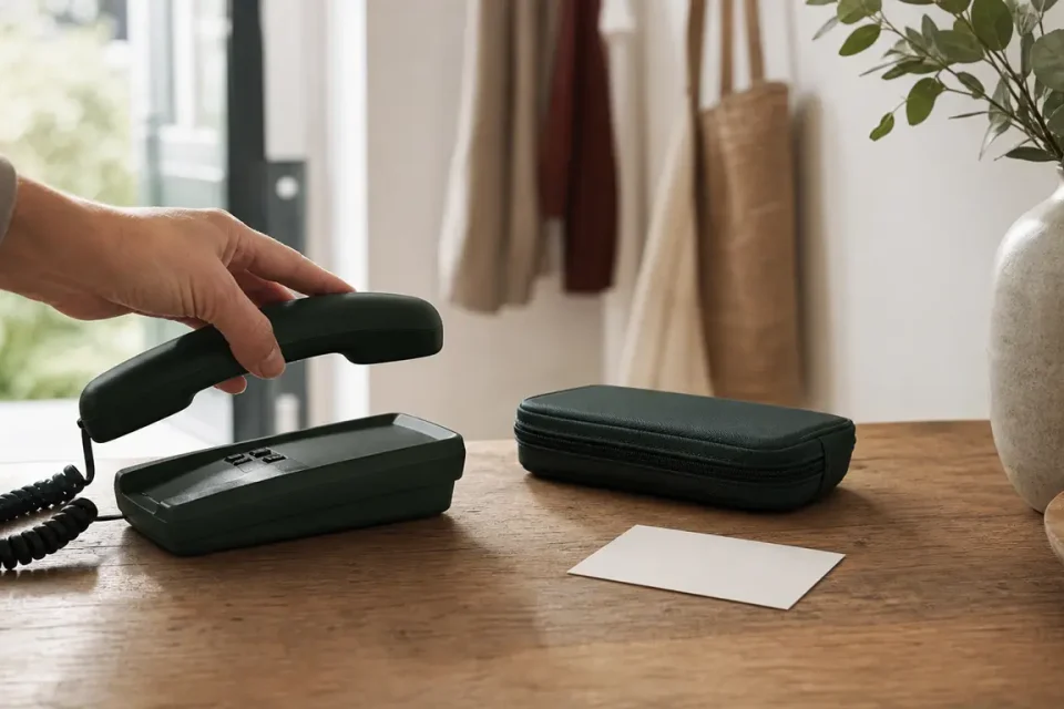 Hand hebt einen Telefonhörer neben geschlossenem Glukoseset und leerer Notfallkarte ab