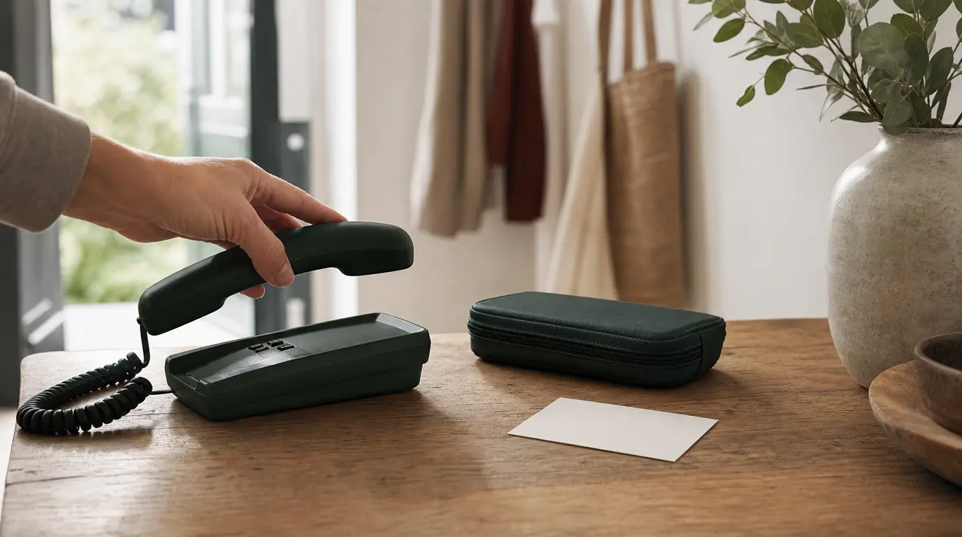 Hand hebt einen Telefonhörer neben geschlossenem Glukoseset und leerer Notfallkarte ab
