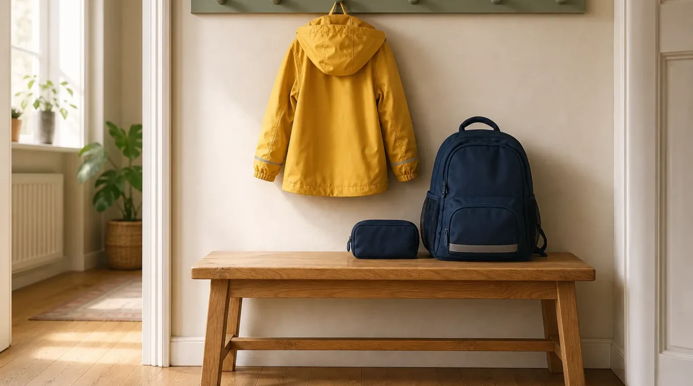 Gelbe Kinderregenjacke, Schulrucksack und kleine Tasche an einer Garderobe.