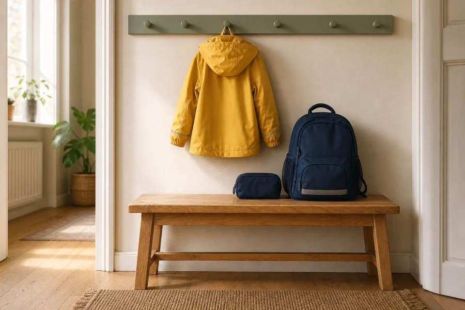 Gelbe Kinderregenjacke, Schulrucksack und kleine Tasche an einer Garderobe.