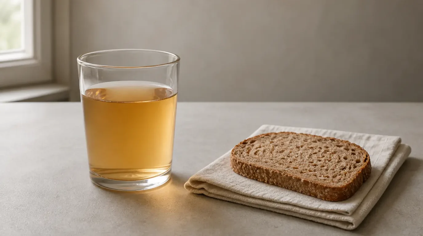 Glas mit hellem Fruchtgetränk und Vollkornbrot auf einer Serviette.