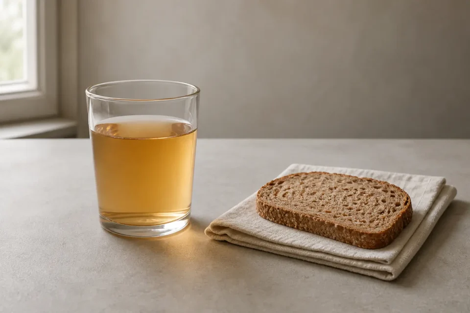 Glas mit hellem Fruchtgetränk und Vollkornbrot auf einer Serviette.