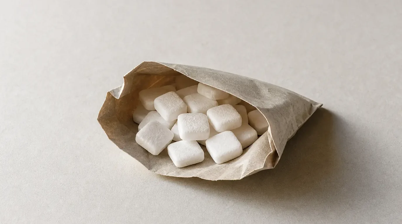 Weiße eckige Traubenzucker-Pastillen in einer unbeschrifteten Papiertüte.