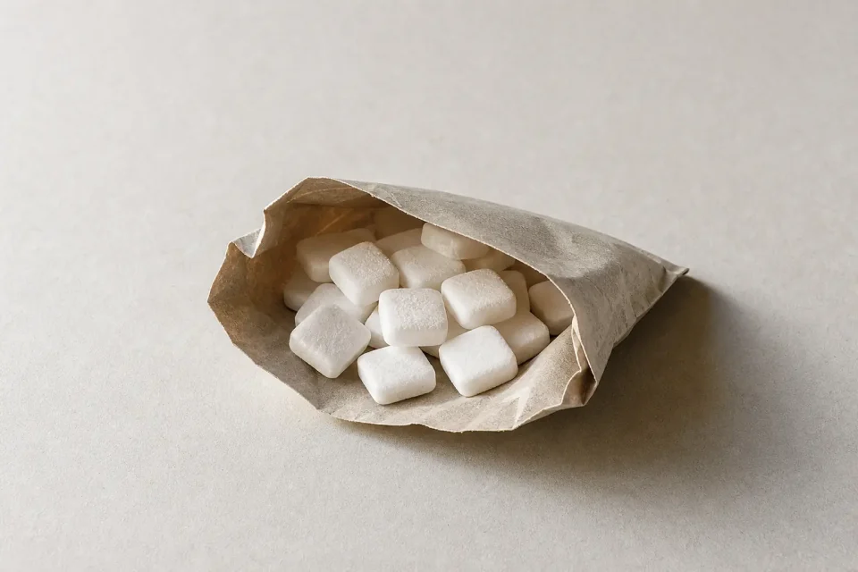 Weiße eckige Traubenzucker-Pastillen in einer unbeschrifteten Papiertüte.