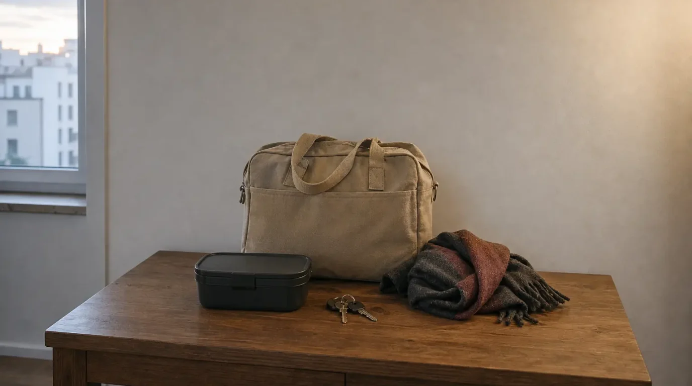 Arbeitstasche, geschlossene Brotdose, Schlüssel und Schal auf einem Tisch.