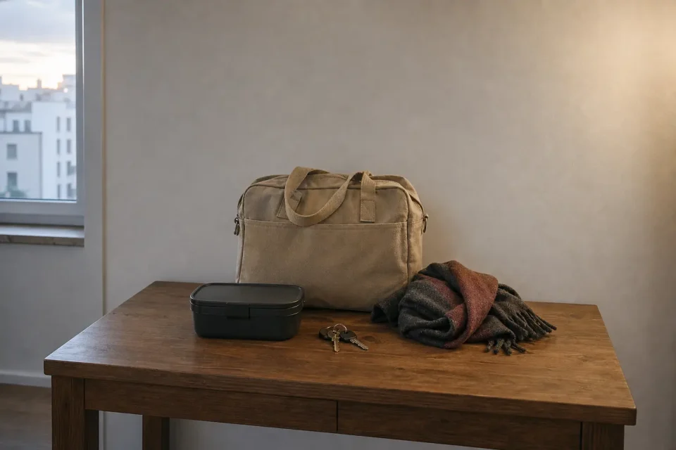 Arbeitstasche, geschlossene Brotdose, Schlüssel und Schal auf einem Tisch.