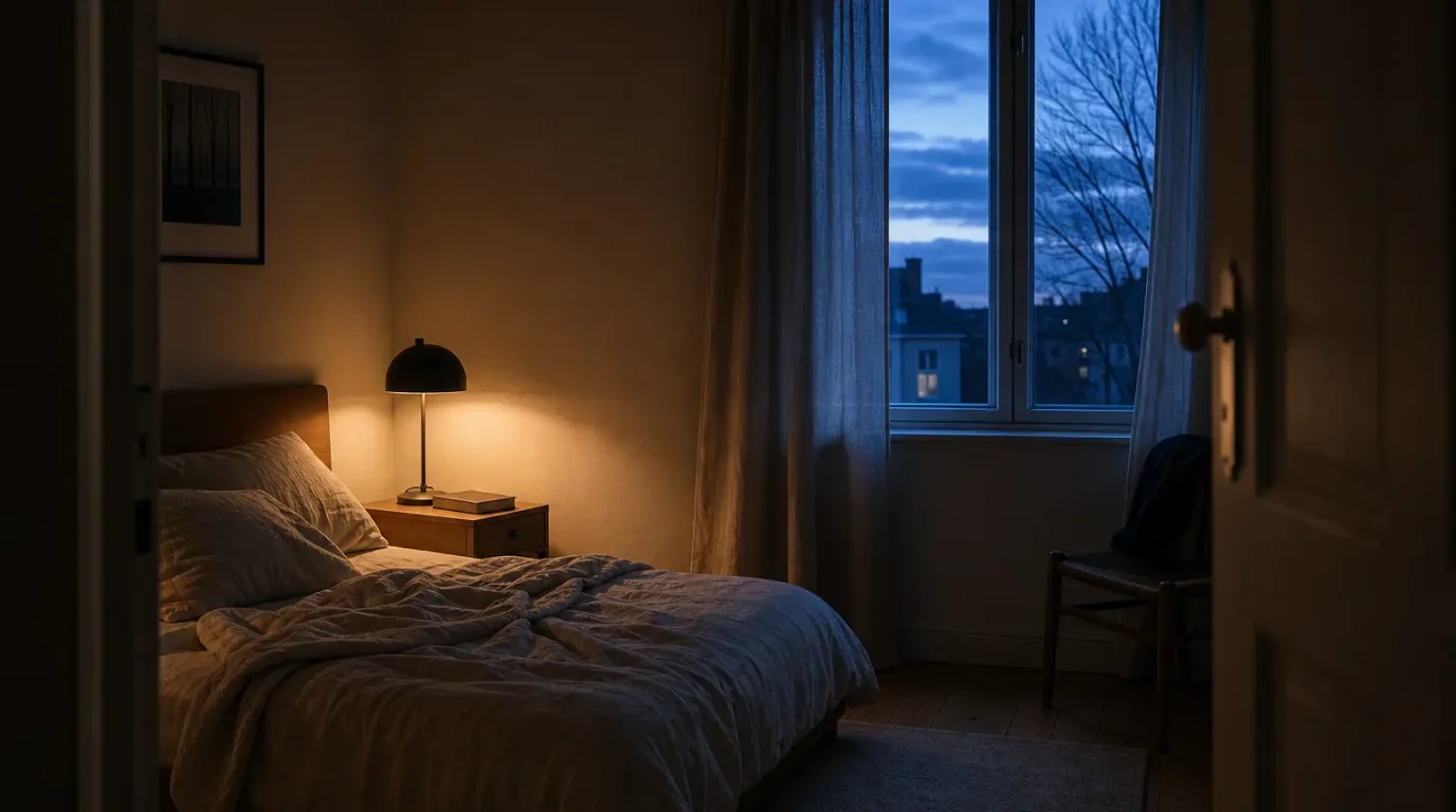 Leeres Schlafzimmer mit warmer Lampe und blauem Morgenlicht am Fenster.