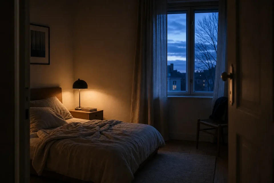 Leeres Schlafzimmer mit warmer Lampe und blauem Morgenlicht am Fenster.