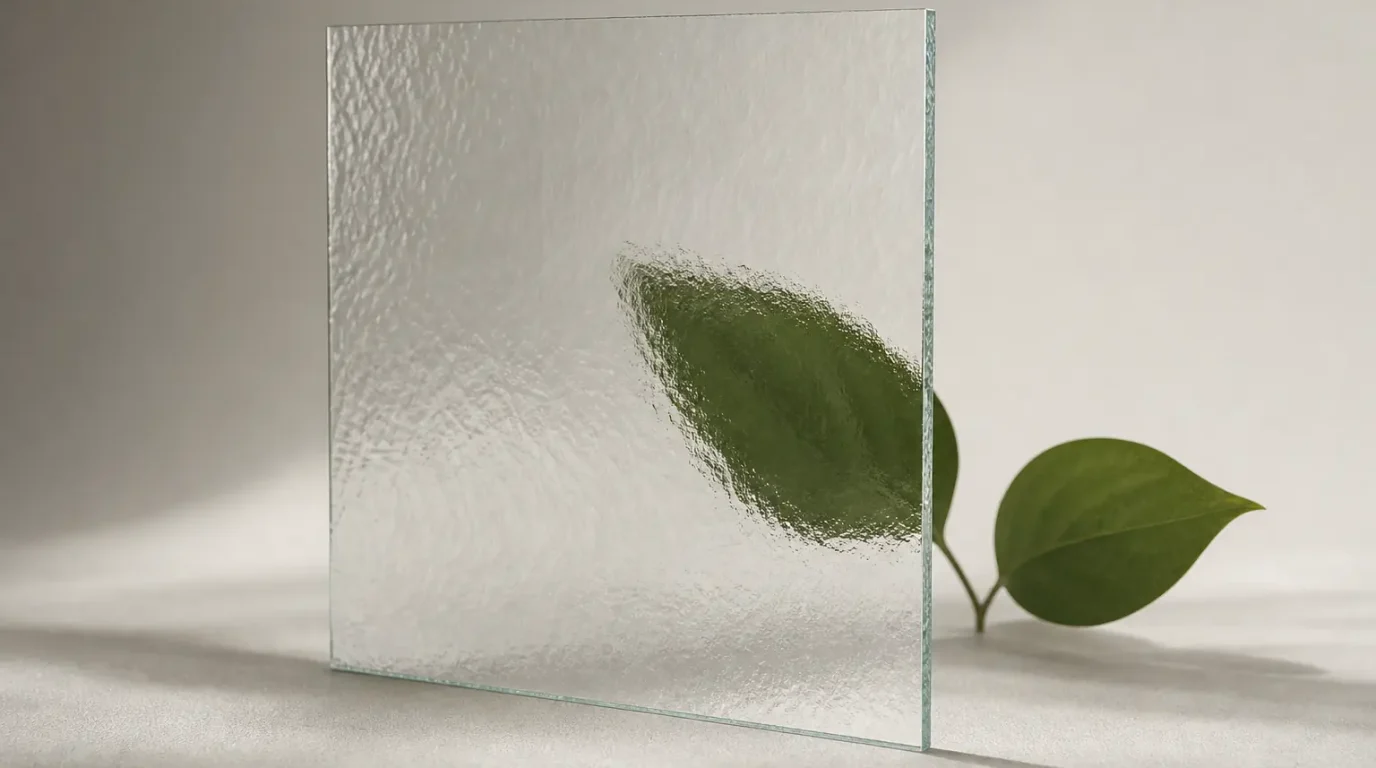 Grünes Blatt, das teilweise durch strukturiertes Glas verzerrt erscheint.
