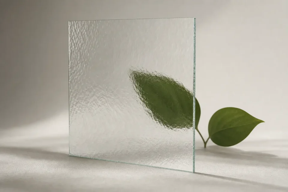 Grünes Blatt, das teilweise durch strukturiertes Glas verzerrt erscheint.