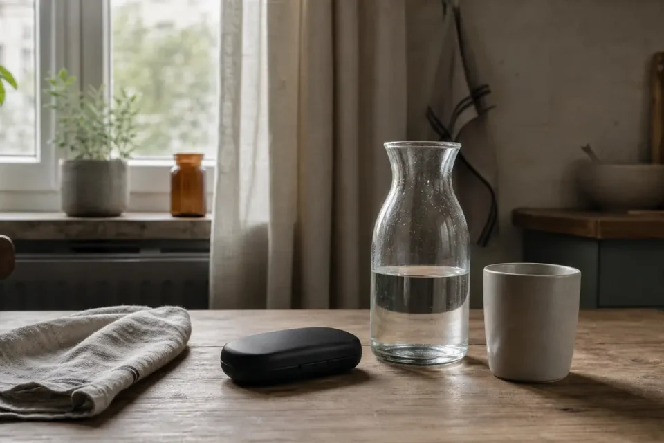 Geschlossenes Glukoseset neben Wasserkaraffe, leerer Tasse und gefaltetem Tuch