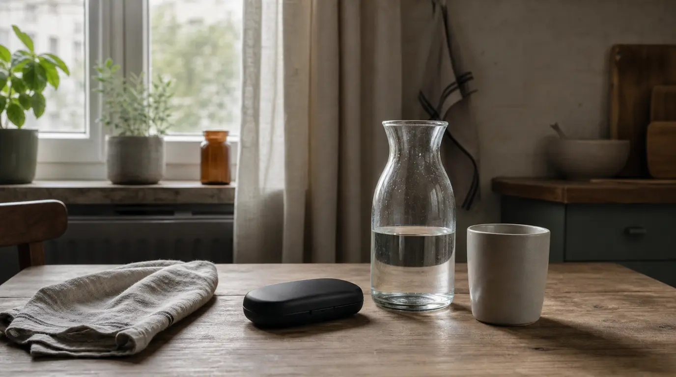 Geschlossenes Glukoseset neben Wasserkaraffe, leerer Tasse und gefaltetem Tuch