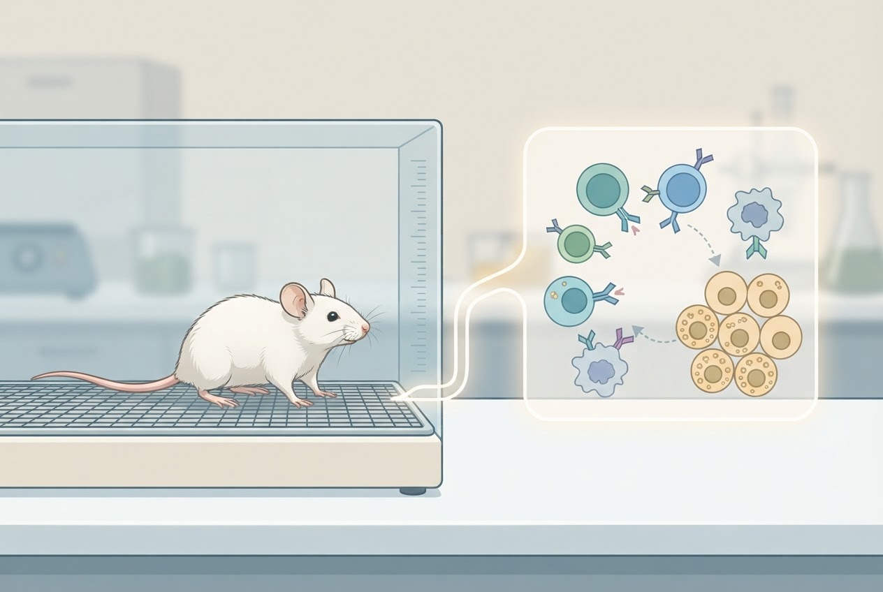 Illustration einer Maus in einer Forschungseinrichtung neben einer schematischen Darstellung von Immunzellen und Betazellen.