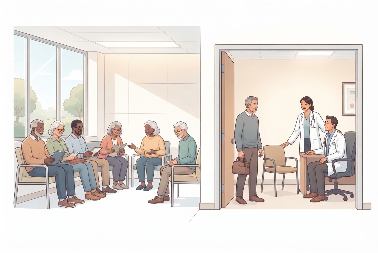 Eine Gruppe von Menschen steht in einer medizinischen Umgebung; eine neu hinzukommende Person verdeutlicht den Unterschied zwischen bestehender Prävalenz und neuen Fällen.