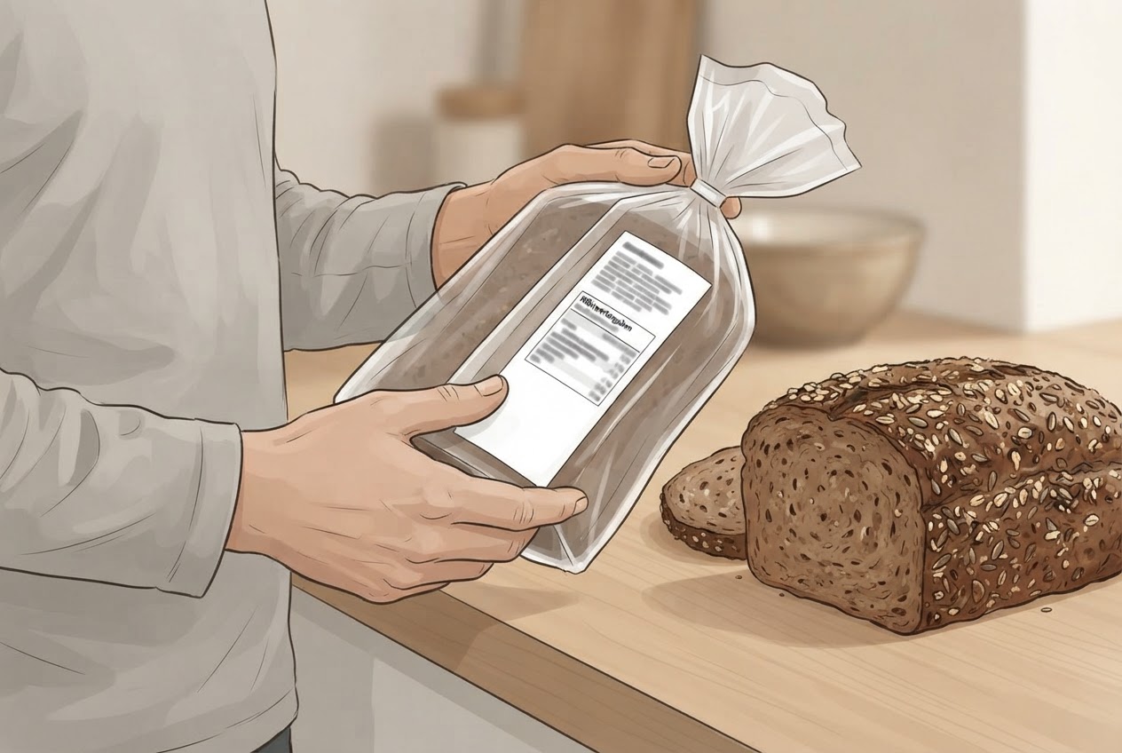 Eine Person dreht eine unmarkierte Brotverpackung um und betrachtet die Zutatenangaben, während das Brot mit sichtbaren Körnern danebenliegt.