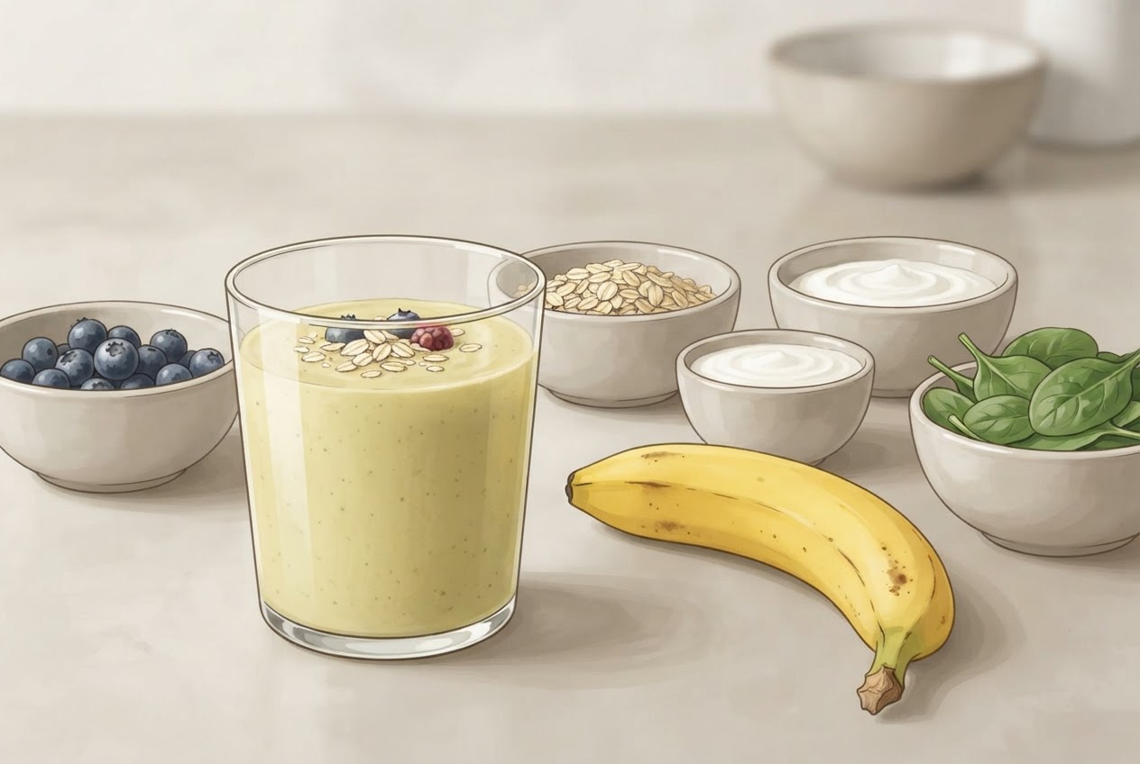 Ein Glas Smoothie steht neben einer ganzen Banane und mehreren separat angerichteten Zutaten, darunter Beeren und Joghurt.