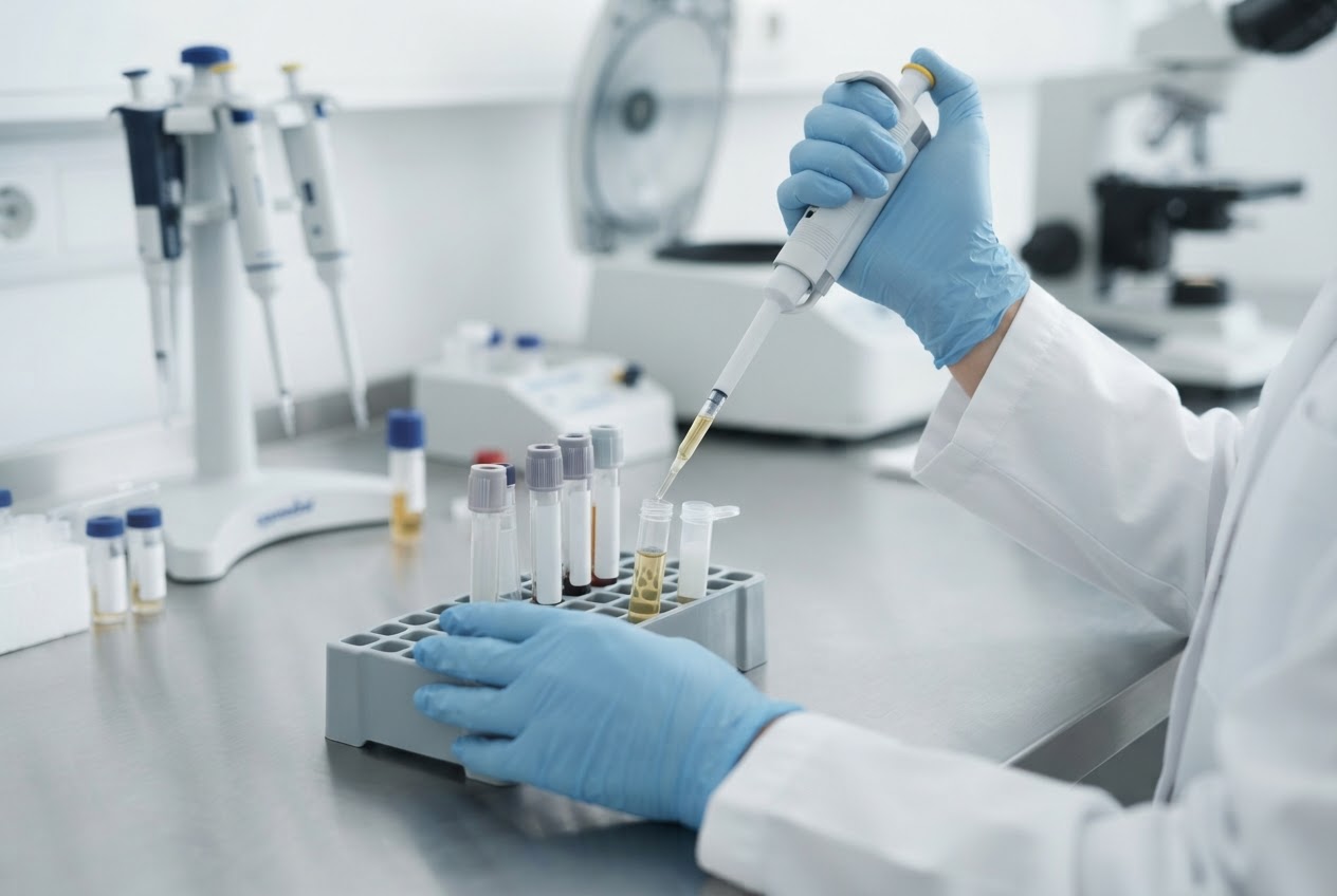 Eine Laborfachkraft bearbeitet eine Blutprobe an einem Arbeitsplatz mit neutralen Probengefäßen und Laborgeräten.