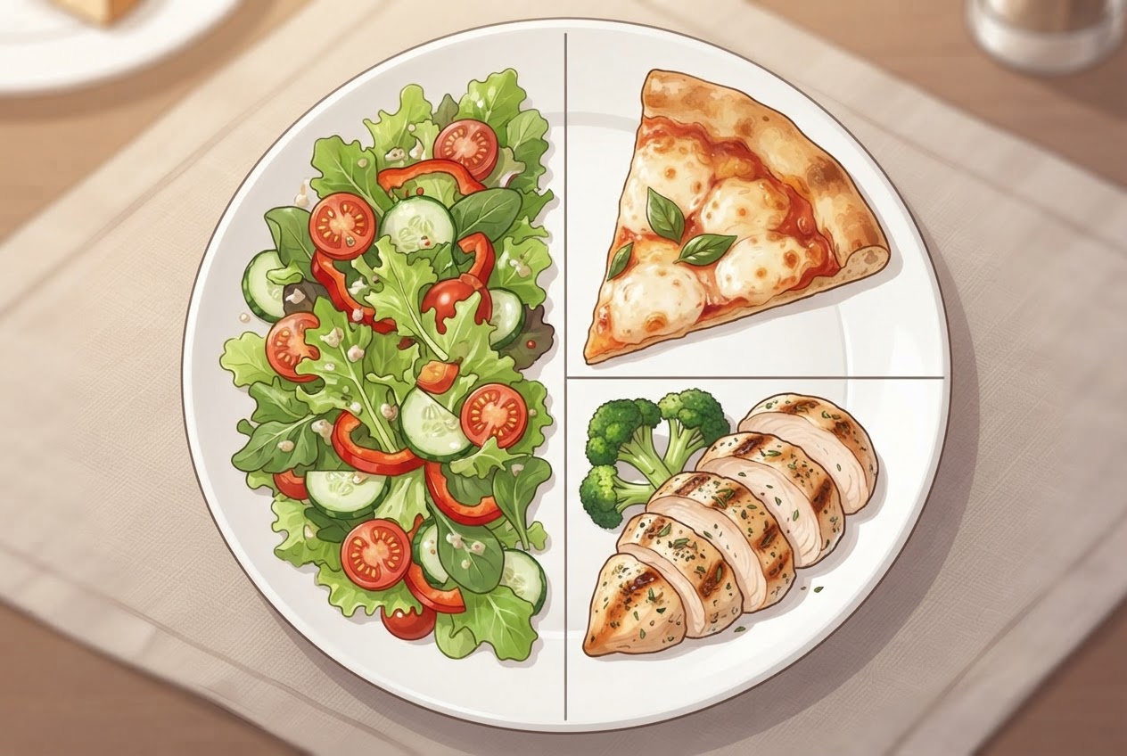 Ein Teller nach der Teller-Methode: die Hälfte mit Gemüsesalat, ein Viertel mit einer Pizza-Ecke, ein Viertel mit einer Proteinquelle wie Hähnchen.