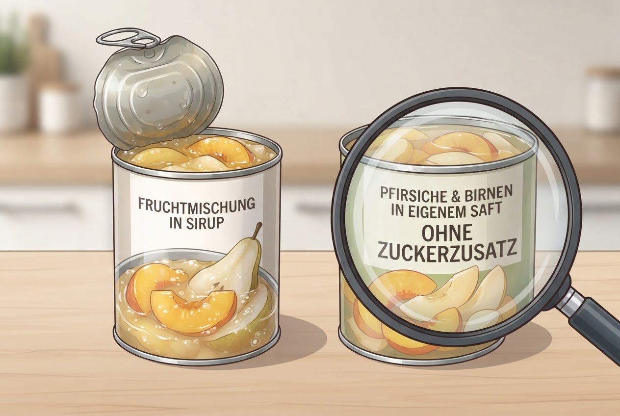 Two open cans of fruit: one with fruit in thick syrup, the other with fruit in clear juice, with a magnifying glass over the label of the second can.