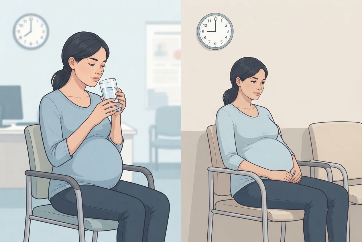 Eine zeitliche Darstellung trennt die Nüchternphase vor dem Test von der Wartezeit nach dem Trinken der Zuckerlösung.