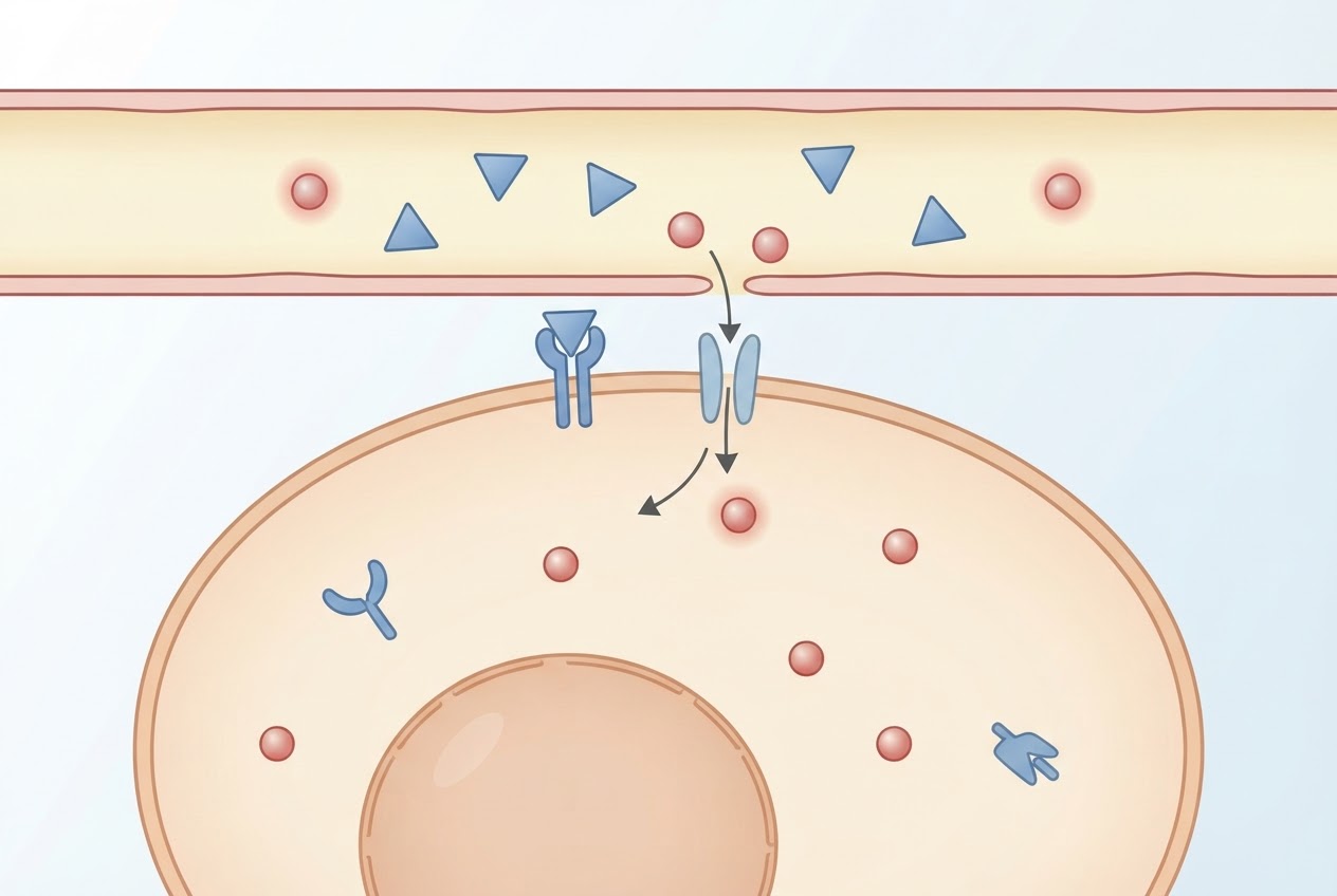 Schematische Zellen und Insulinmoleküle zeigen, wie Insulin den Zuckertransport aus dem Blut in eine Zelle unterstützt.