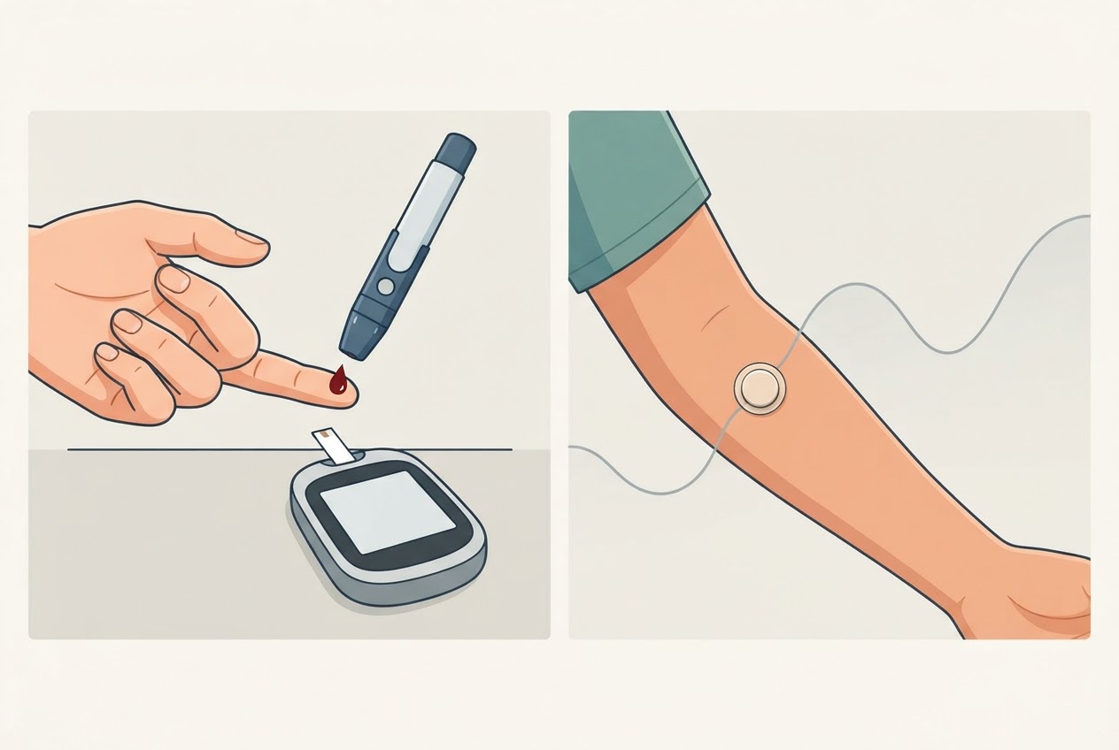Redaktionelle Illustration zeigt links eine einzelne Fingerstichmessung und rechts einen CGM-Sensor am Arm mit einer fortlaufenden, abstrakten Verlaufslinie.