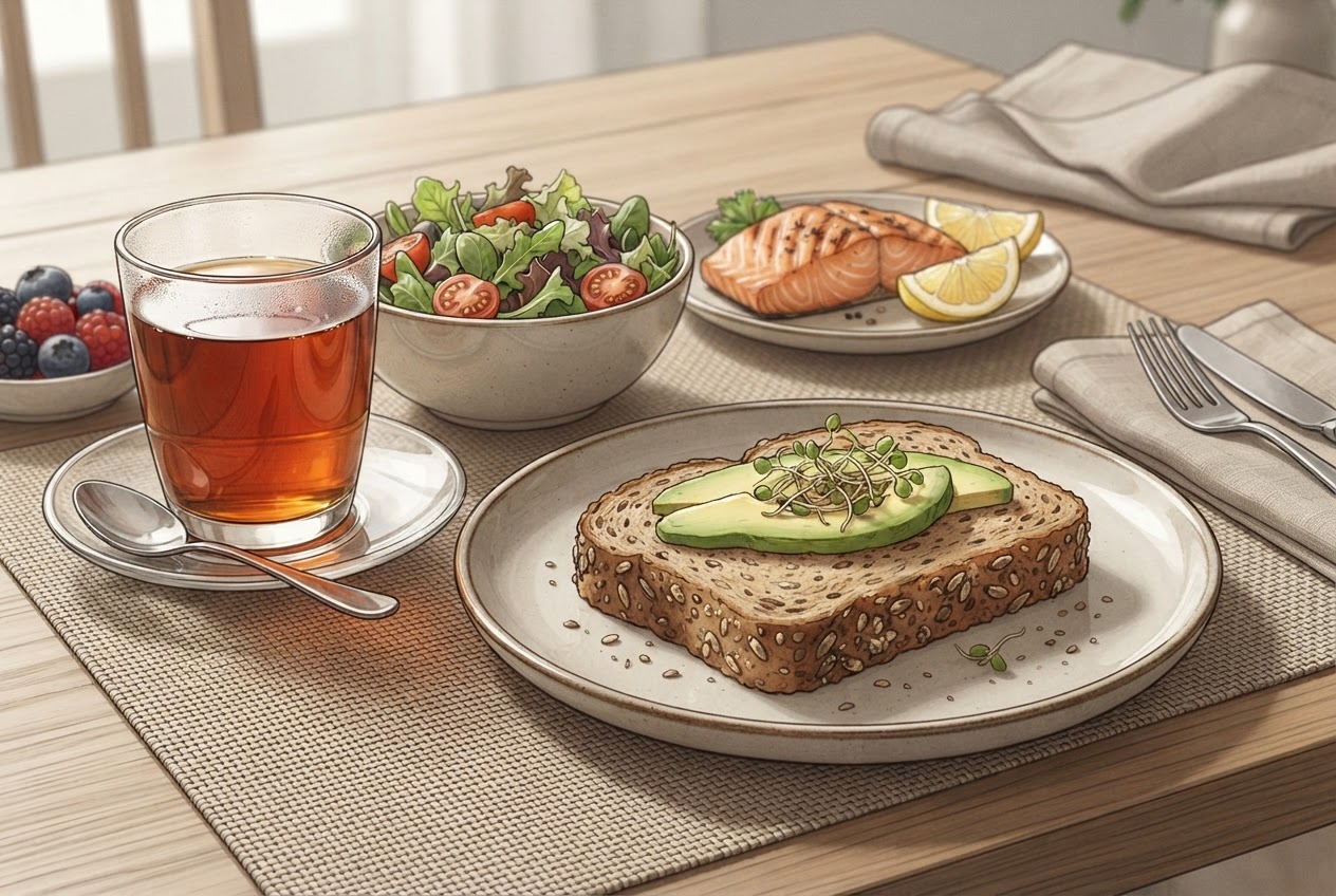 Vollkornbrot und ein süßes Getränk stehen neben weiteren Bestandteilen einer Mahlzeit auf einem Tisch.