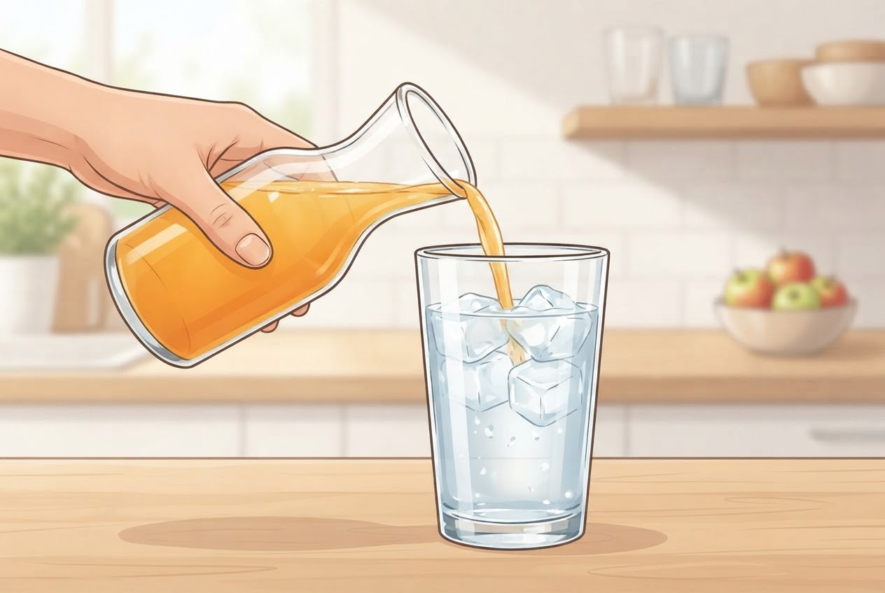 Ein kleiner Anteil Fruchtsaft wird zu einer größeren Menge Wasser in ein Glas gegossen.